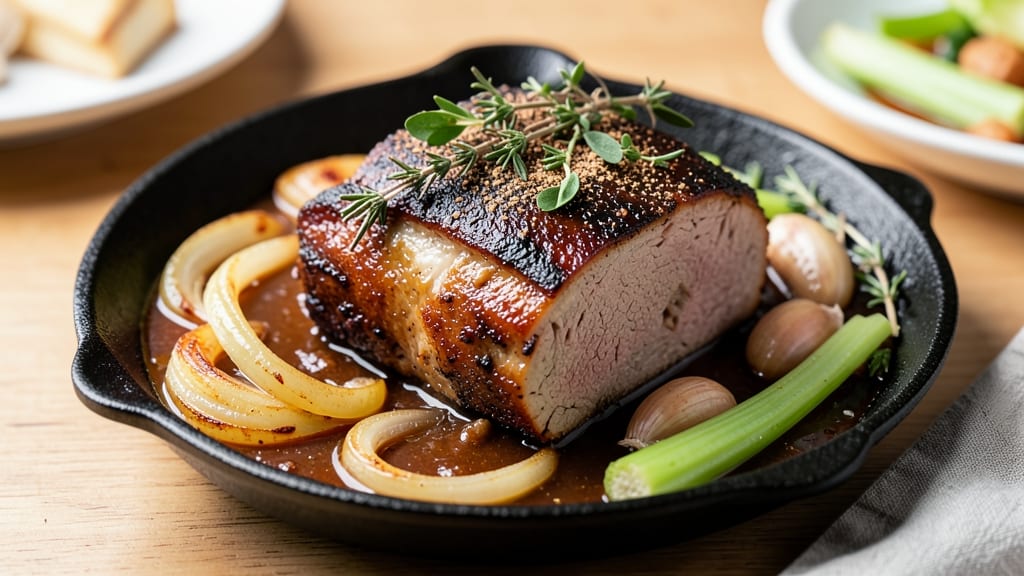 Mississippi Pork Loin Crock Pot Recipe: Smoky Celery Crown Crunch Over Sweet Onion Gravy