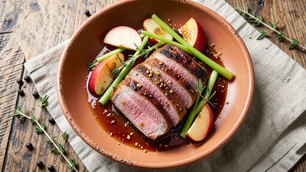 Apple Bourbon Pork Tenderloin Recipe: Celery Crown Crunch Over Rich Gravy