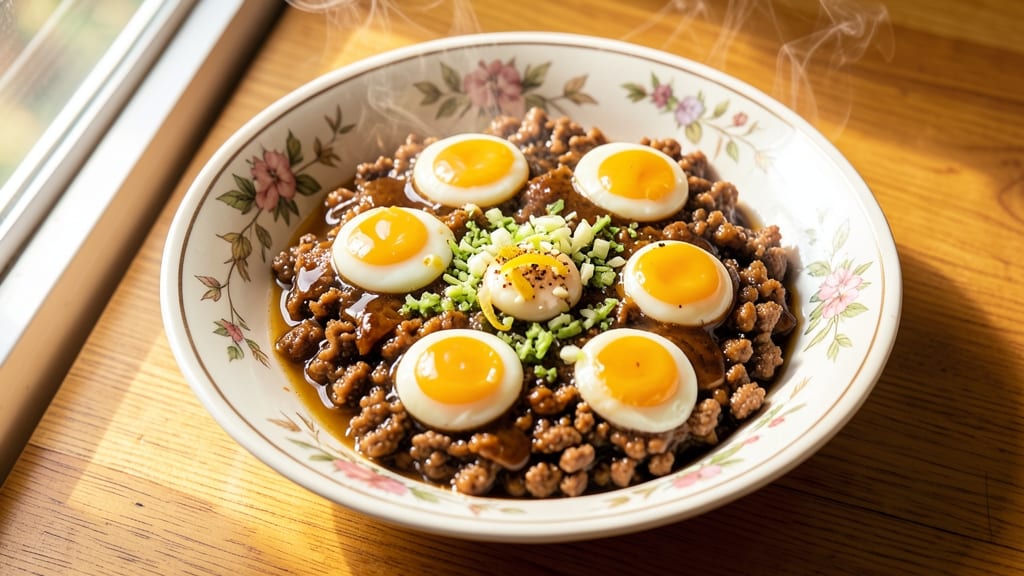 Minced Pork and Steamed Eggs Recipe: Silky Egg Ribbons Over Savory Pork Bites