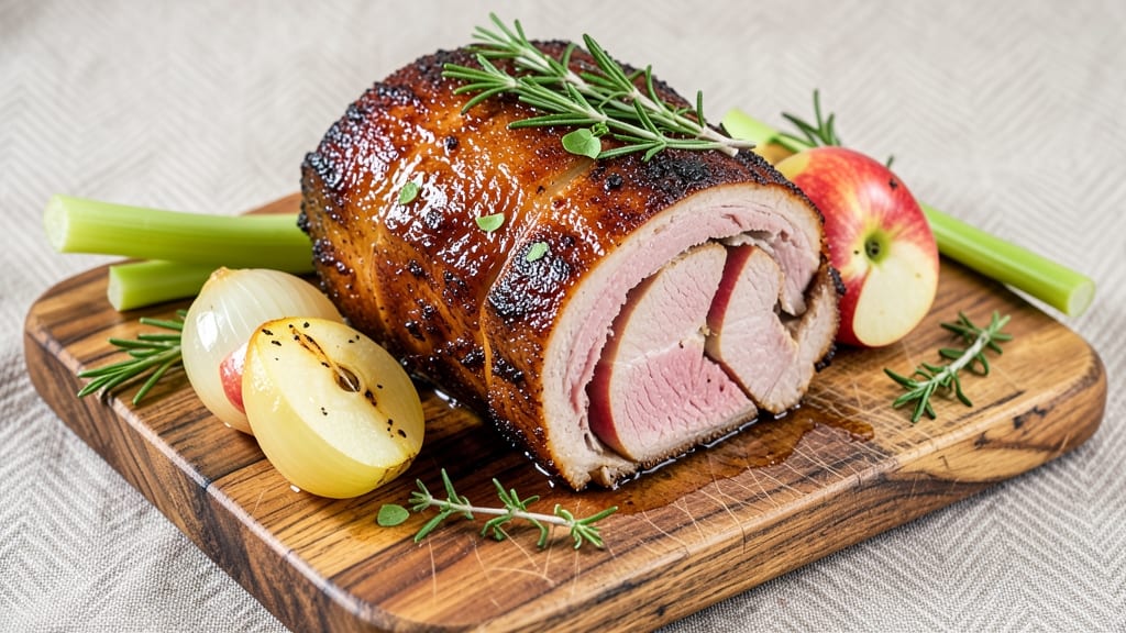 Apple Stuffed Pork Roast Recipe: Celery Crown Crunch Over Sweet-Tart Glaze